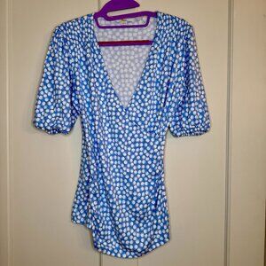 Boden Womens Joanna Wrap Top Ruched Short Sleeve Blue White US Size 6